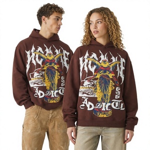 Sweat-shirt unisexe surdimensionné à capuche en coton French Terry imprimé style streetwear motif ange flamme marron coupe automne - Product Image 1