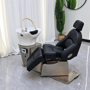 Nuevo Modelo 2023, Sillas de Champú Eléctricas Modernas con Base de Acero Inoxidable Plateado y Tapicería de Cuero PU Negro, Altura Ajustable, Comerciales - Product Image 3