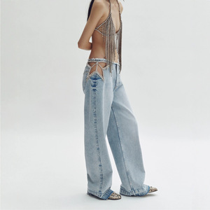Jeans da Donna in Denim Spandex/Cotone con Strass, Stile Europeo-Americano, <span class=keywords><strong>a</strong></span> <span class=keywords><strong>Vita</strong></span> <span class=keywords><strong>Bassa</strong></span>, Lavati, Lunghi fino al Pavimento - Product Image 3
