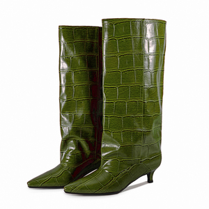 Custom Style Wide Top on Long Booties Low <b>Heels</b> Stone Print Shoes Women's Pointed Toe Knee High Boots - Product Image 4