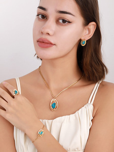 Mode Bleu <span class=keywords><strong>Turquoise</strong></span> Globe Pendentif Collier Boucles D'oreilles Ensemble Étanche En Acier Inoxydable PVD Plaqué Or Ensemble de Bijoux - Product Image 4