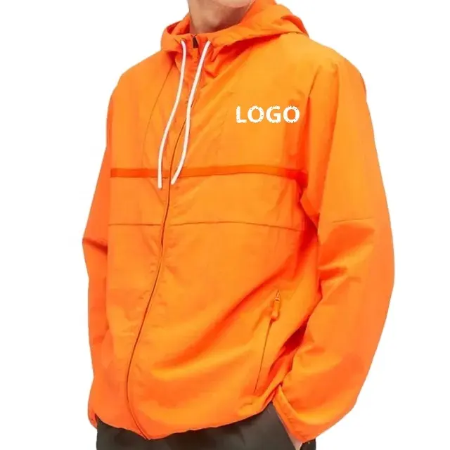 Veste de course à glissière avec logo personnalisé Veste en nylon légère et imperméable Veste coupe-vent surdimensionnée à capuche pour homme