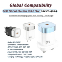 Compatibilité mondiale GaN Type-C Adaptateur Chargeur 35w PD Chargeur US EU UK Wall Plug Universal 27W USB Adaptateurs pour Téléphone 16 15 14