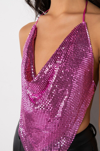 Top corto <span class=keywords><strong>fucsia</strong></span> sin espalda transparente para <span class=keywords><strong>mujer</strong></span>, sexy, con lentejuelas metálicas y cadena, ideal para discoteca - Product Image 6