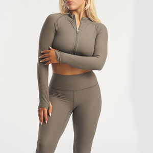 Women Plus Size Ribbed 2 Piece Yoga Set Thumbholes Full <b>Zip</b> Crop Jacket High Waist Shorts Seamless Breathable Fitness Activewear - Product Image 1