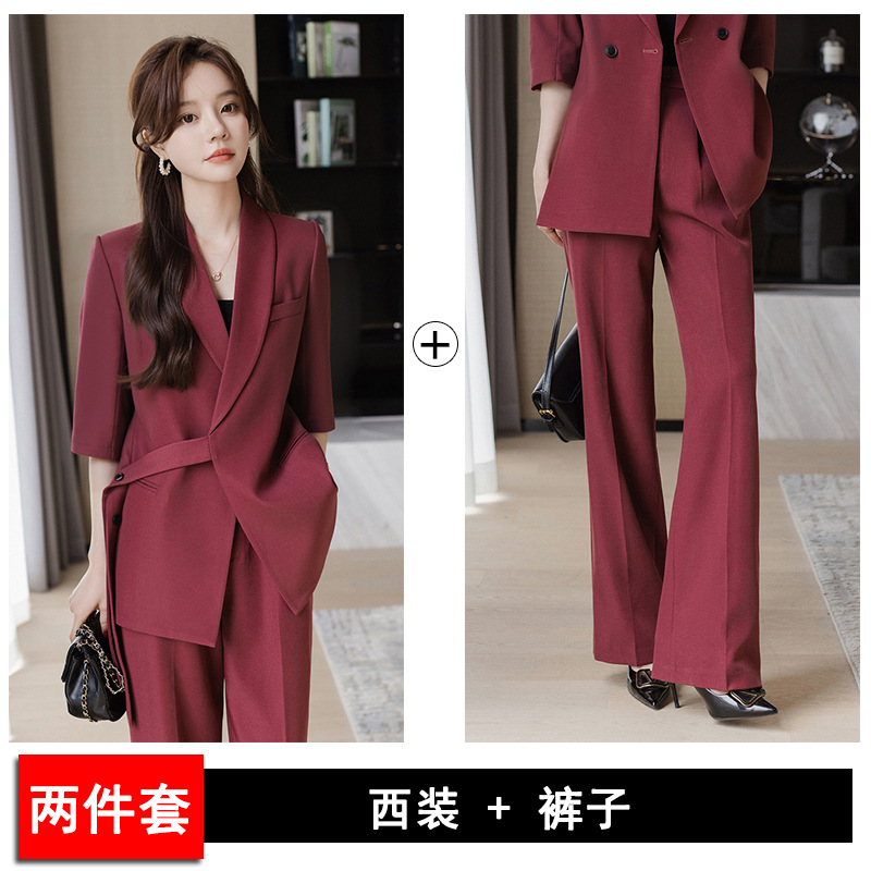 plum-colored suit trousers