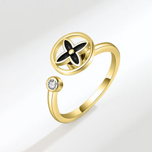 Anillos abiertos giratorios de trébol de cuatro hojas con pegamento negro, ajustables, con circonitas engastadas, chapados en oro sobre cobre, joyería antiestrés para mujer - Product Image 4