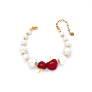 Fashion Charm Bracelet White Pearls <b>Red</b> <b>Bow</b> Gold Plated Stainless Steel Sustainable Resistant Jewelry - Product Image 2
