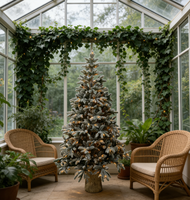 Sapin de Noël artificiel floqué, pré-éclairé avec lumières LED blanc chaud, en PE, avec base en tronc d'arbre pour décoration intérieure.