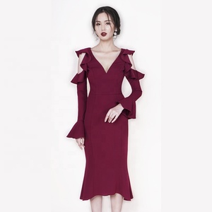 Dames Hors épaule Profonde V Cou Manches Longues Sexy Sirène Cocktail Boutique Volants Robe de Bandage - Product Image 1