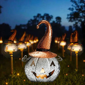 <span class=keywords><strong>Halloween</strong></span> Waterdichte Led Flash Oranje Metalen Heksenhoed Pompoen Lantaarn Solar Tuin Decoratie - Product Image 3