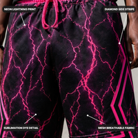 Pantalones Cortos Deportivos de Baloncesto para Hombre, con Estampado de Sublimación Completo en Negro Neón, Paneles Laterales de Malla con Diseño de Diamantes, Estilo Rave
