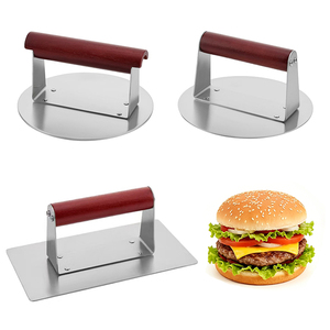 Presse à hamburgers antiadhésive en acier inoxydable avec manche en bois pour accessoires de grillades extérieurs - Product Image 1