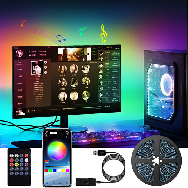 TV LED Strip Lights Music Back Lighting Changing Color 2M APP Mini Controller Smart Phone Control Tape Flexible Neon Led Strip