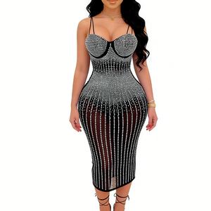 <span class=keywords><strong>Robe</strong></span> midi en maille ornée <span class=keywords><strong>de</strong></span> strass pour femme - <span class=keywords><strong>Robe</strong></span> <span class=keywords><strong>de</strong></span> soirée moulante à bretelles spaghetti Sehe Fashion - Product Image 2