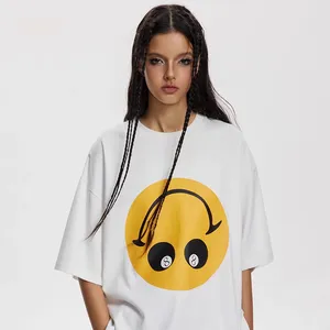 Benutzer definierte Logo Streetwear Übergroße schwere Bio-Baumwolle T-Shirt Grafik Smiley Gesicht Siebdruck Acid Wash Vintage T-Shirt