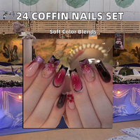 Uñas postizas francesas florales degradadas tipo ataúd, 24 unidades, de ABS, con puntas de uñas usables para mujer, venta al por mayor, marca personalizada, ¡las más vendidas!