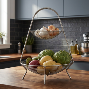 Double Tier Fruit <b>Basket</b> Stand <b>Round</b> Minimalist Kitchen <b>Storage</b> <b>Basket</b> Durable Metal Food Container - Product Image 5