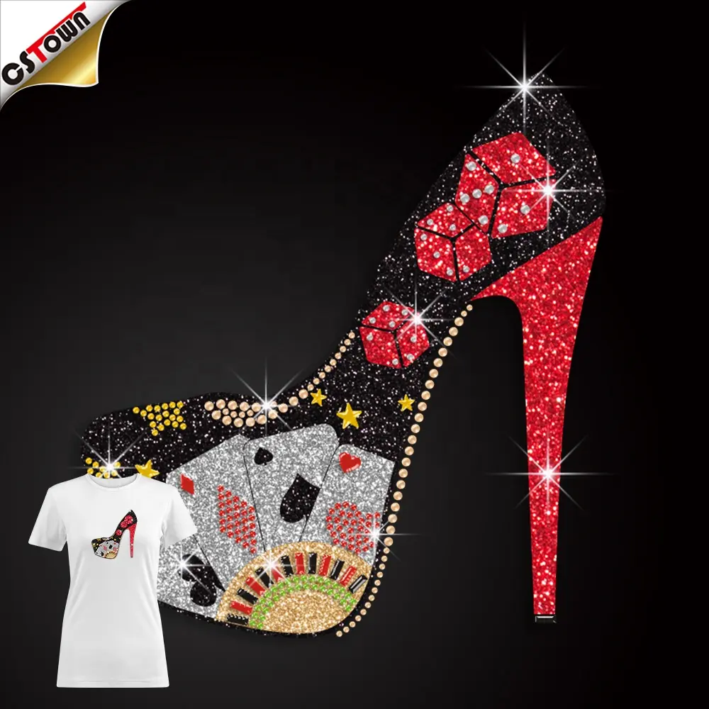 Low MOQ Sexy Lady tacco alto casinò Iron-on Glitter trasferimenti ferro sui trasferimenti design per abbigliamento