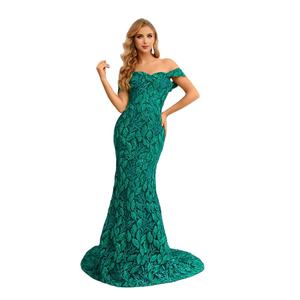 Venta al por mayor de las mujeres verde esmeralda de lentejuelas vestidos de noche elegante Gala hoja de encaje elegante fuera del hombro largo vestido de Graduación - Product Image 5