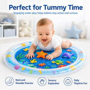 Tapis aquatique gonflable pour bébé, tapis de jeu sensoriel rond pour nourrissons avec jouets flottants océaniques, bordure en PVC souple - Product Image 2