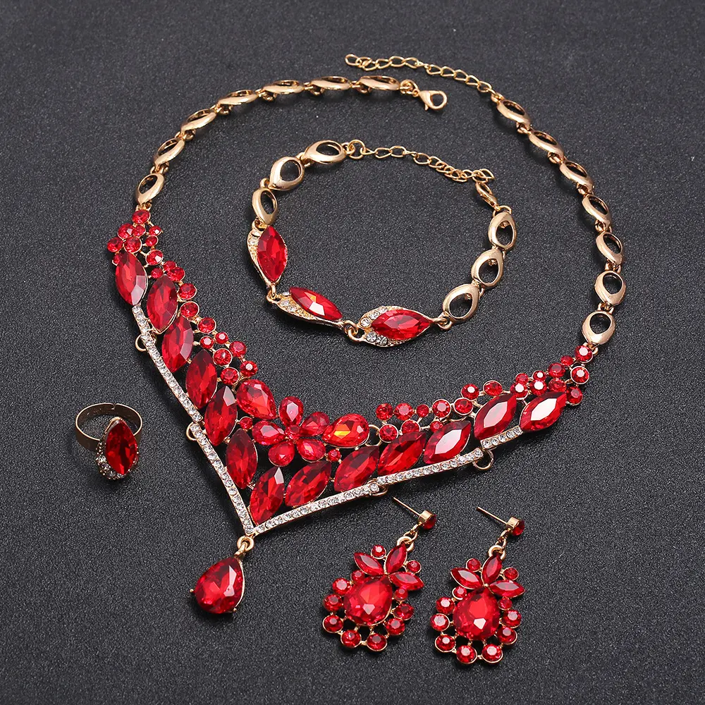 Wedding Fashion necklace bracelet earring Jewelry Set Gold Color Bridal four pieces Jewely set