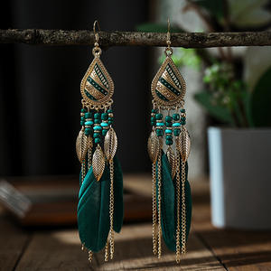 Hoge Kwaliteit Retro Bohemian Lange Kwast Franje Veren Druppel Oorbel Mode Dans Accessoires Blad Bengelen Oorbellen Voor Vrouwen - Product Image 1