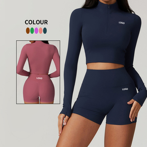 MIQI Sleeve Crop Top Keine Front naht Leichte Fahrrads horts für Damen Set Zweiteilige Yoga-Sets mit langem Reiß verschluss und langem Spandex/Nylon für Erwachsene - Product Image 1
