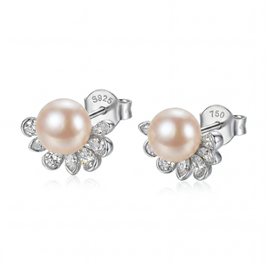 Élégantes boucles d'oreilles clous en argent S925 avec perles d'eau douce et zircon étoilé, bijoux pour femme, cadeau de mariage ou de mariée - Product Image 1