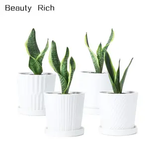 Plant Pots 5.1 Inch Cylinder Ceramic Planters with Connected Saucer, Pots for Succuelnt and Little Snake Plants, Set of 4