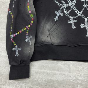 Streetwear Distressed Heavyweight Cotton <b>Hoodie</b> Printed French Terry Oversized Hoodies Designer Boxy Acid Wash <b>Rhinestone</b> <b>Hoodie</b> - Product Image 5