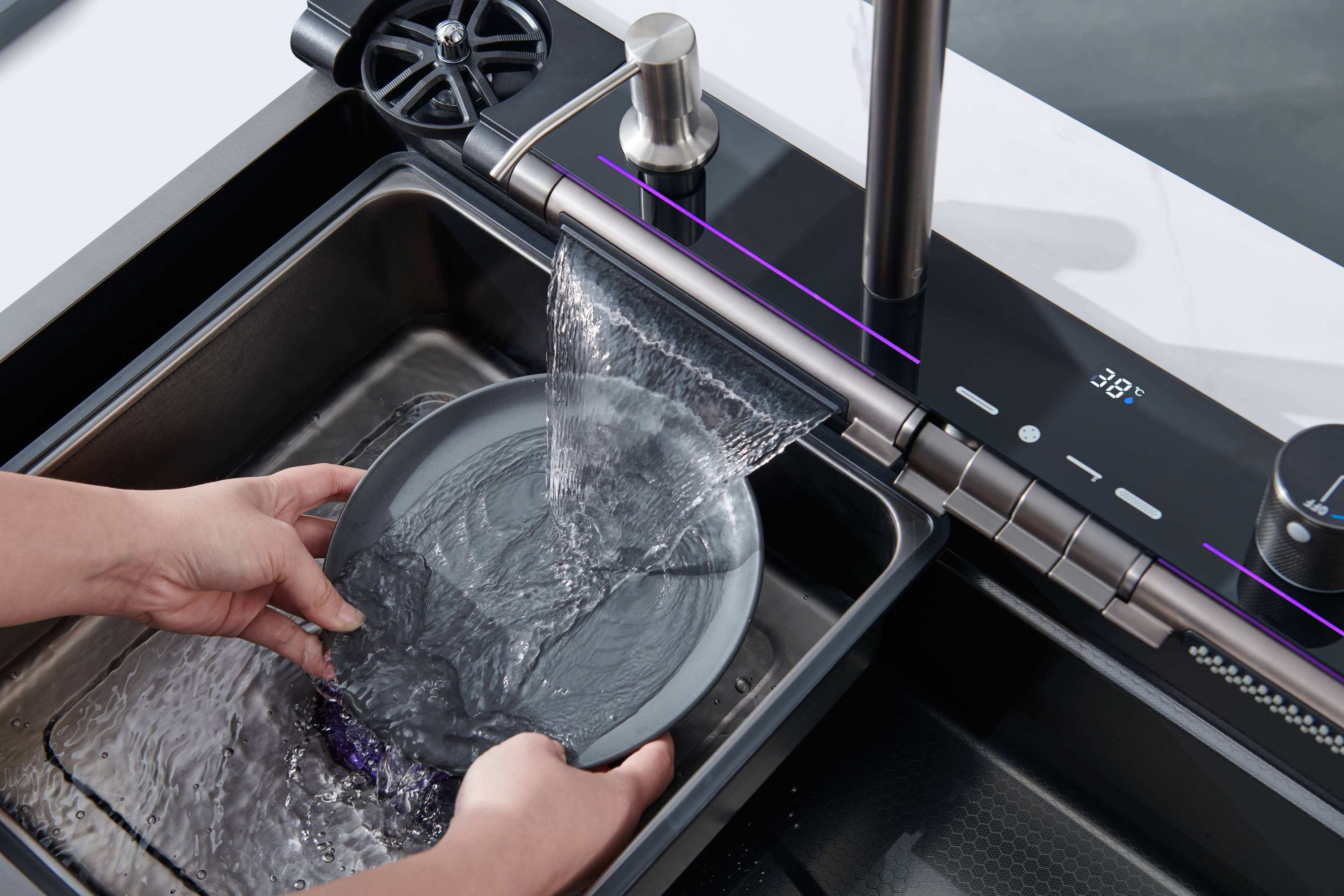 Smart Kitchen Sink System Single Bowl 304 Stainless Steel LED Digital Display Waterfall & Cup Washer Undermount · image 2