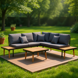Acacia Wood <b>Sofa</b> Set With Dark Grey Removable <b>Covers</b> Garden Outdoor Furniture 6 Seater Contemporary Design - Product Image 2