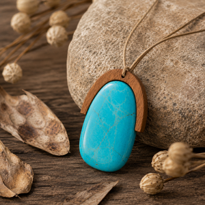 Collar con Colgante de Turquesa Natural en Marco de Madera Geométrico, Estilo Bohemio, Cadena de Cuerda, Joyería para Mujer, Rikka Jewellery - Product Image 1