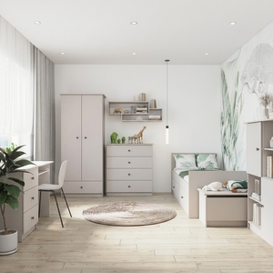 Modern Nordic Style Supplier OEM 6-piece Kids Bedroom Furniture Set Wooden Bed Wardrobe Desk Dresser for Children Teenagers