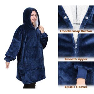 Manta com Capuz Moderna Azul Marinho de Flanela Macia e Sherpa, com Zíper Completo, Antiácaros, Quente, para Uso Doméstico e Festivais - Product Image 6