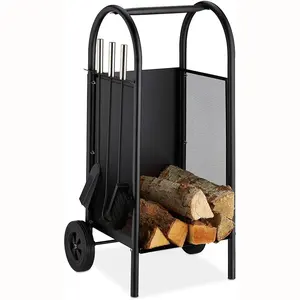 Củi log Rack với 3 công cụ lò sưởi log tàu sân bay chủ sở hữu Đen wrought sắt lò sưởi công cụ thiết lập