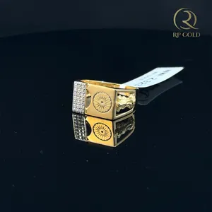 Elegant gold <b>mens</b> <b>ring</b> with diamond studded panel and detailed engraved design perfect for wedding or special occasion wear - Product Image 1