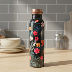 ขวดน้ำทองแดงลายดอกไม้สีดำ ฝาทองแดง พกพาสะดวกสำหรับเดินทาง - Product Image 1