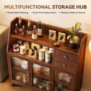 Armoire <span class=keywords><strong>de</strong></span> rangement <span class=keywords><strong>de</strong></span> salle à manger <span class=keywords><strong>de</strong></span> style mi-siècle en <span class=keywords><strong>bois</strong></span> massif <span class=keywords><strong>de</strong></span> luxe avec portes en verre cannelé et tiroirs, écologique et peu encombrante pour la maison - Product Image 3