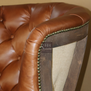 गर्म बिक्री अमेरिकी देहाती लकड़ी डाइनिंग चेयर शीर्ष अनाज चमड़े का बटन वापस टफ्टेड टैन चमड़े के क्लब कुर्सी - Product Image 6