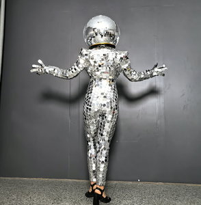 Combinaison moulante une pièce pour femme, effet miroir argenté, avec casque et détails en verre miroir, en <span class=keywords><strong>acrylique</strong></span>, pour spectacle, concours de talent, DJ, danse, bar, fête, adulte - Product Image 3