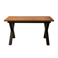 Table à manger extensible en MDF avec plateau central rabattable, pieds en fer noir thermolaqué en forme de X, finition grain de bois
