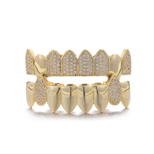 Hip Hop grillz dientes diamante circón hielo fuera diente afilado Acero inoxidable chapado en oro plata dientes conjunto