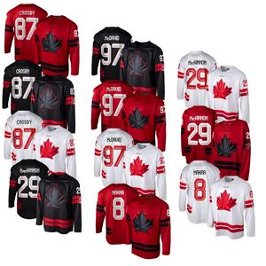 Maillot de hockey du Canada 2026 # 97 McDavid # 8 Makar # 29 MacKinnon # 87 Crosby Rouge Noir Blanc Entièrement Brodé - Product Image 1