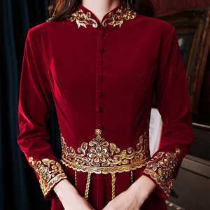 Velvet Chinese Style Wedding Dress Claret Long Sleeve Embroidered Evening Gown For Brides Engagement Party Spring Toasting - Product Image 3