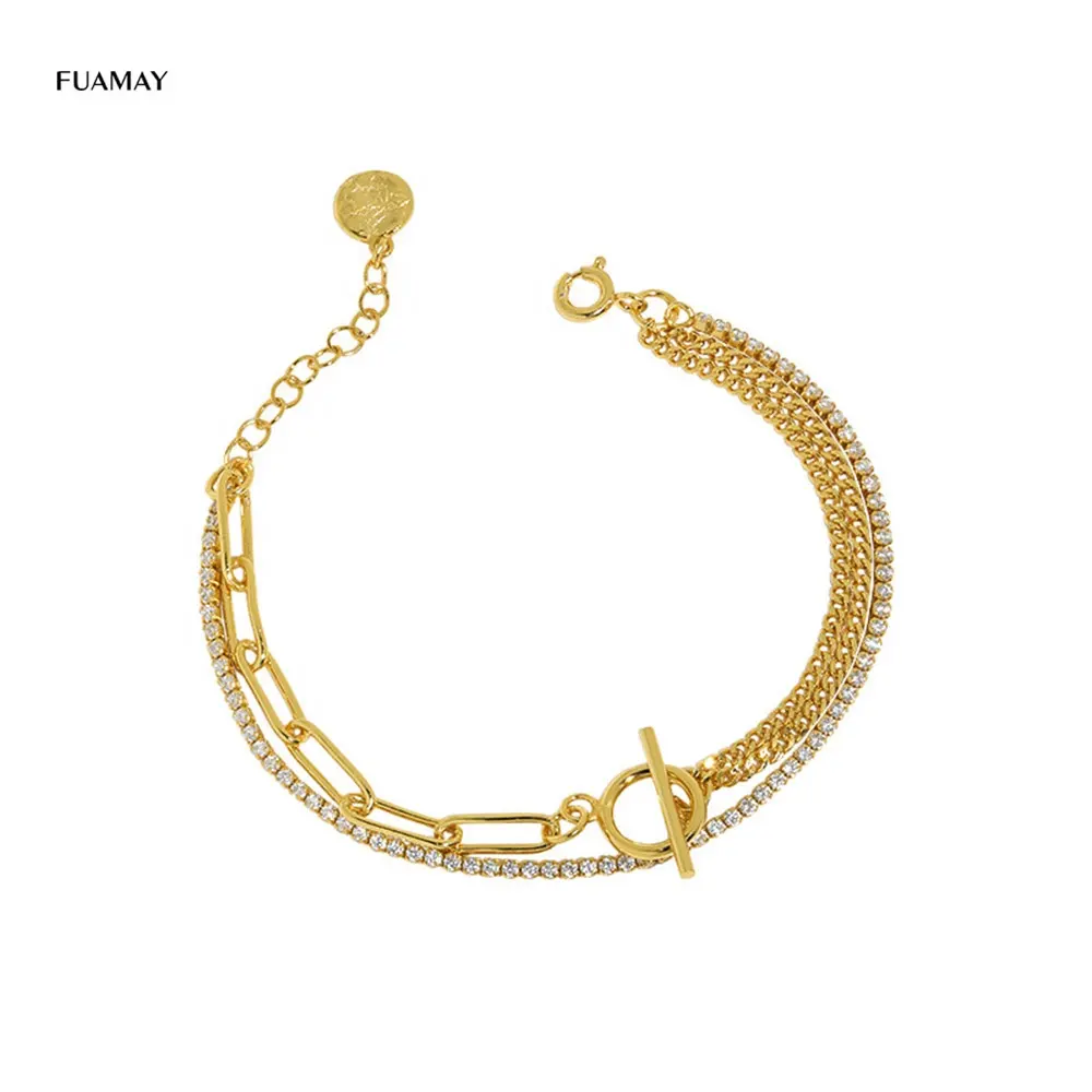 FUAMAY 925 Solid Silver White Clear CZ Tennis Diamond Bracelets Multi Triple Layer Cuban Link Toggle Bracelets