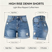 Shorts en jean taille haute pour femme, à ourlet retroussé, déchirés et usés, en denim extensible, été, vente en gros