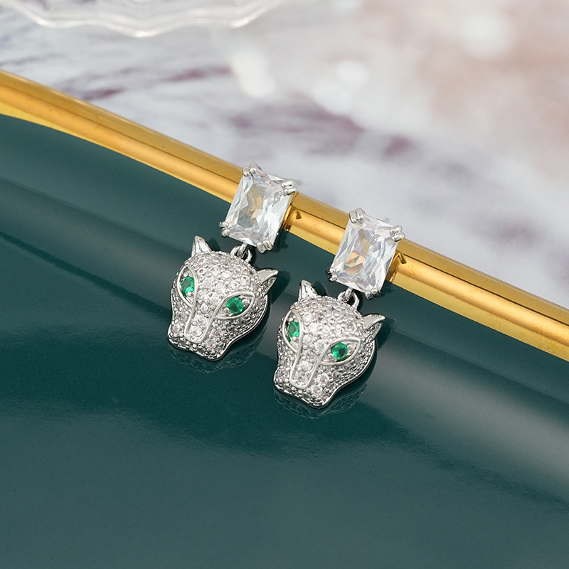 High Grade 925 Silver Luxury Leopard Head Earrings Full Diamond