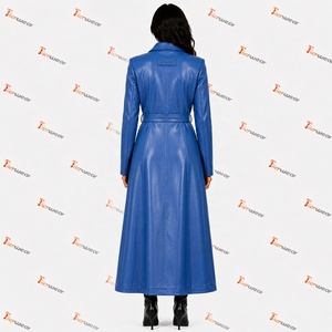 Manteau long en cuir PU bleu pour femme Tiierwear avec ceinture et poches plaquées, élégant vêtement d'extérieur pour l'automne - Product Image 5